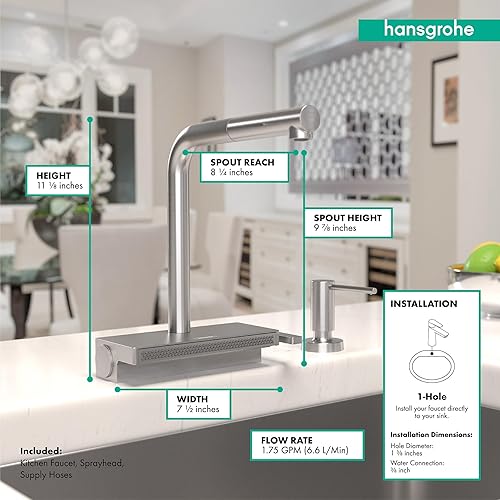 Miniatura 9 de hansgrohe Aquno Select 73830831 - Grifo de cocina de níquel cepillado con pulverizador extraíble, grifo para fregadero de cocina, cabezal rociador