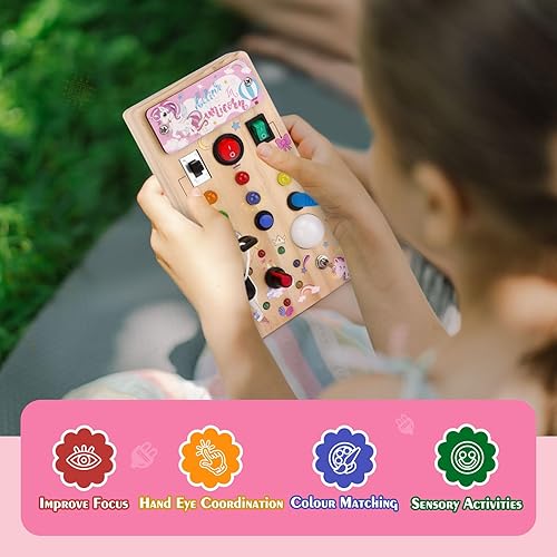 Miniatura 17 de Tablero de dinosaurios con 8 interruptores de luz LED, tablero Montessori ocupado para niños pequeños con interruptor de luz, juguetes sensoriales