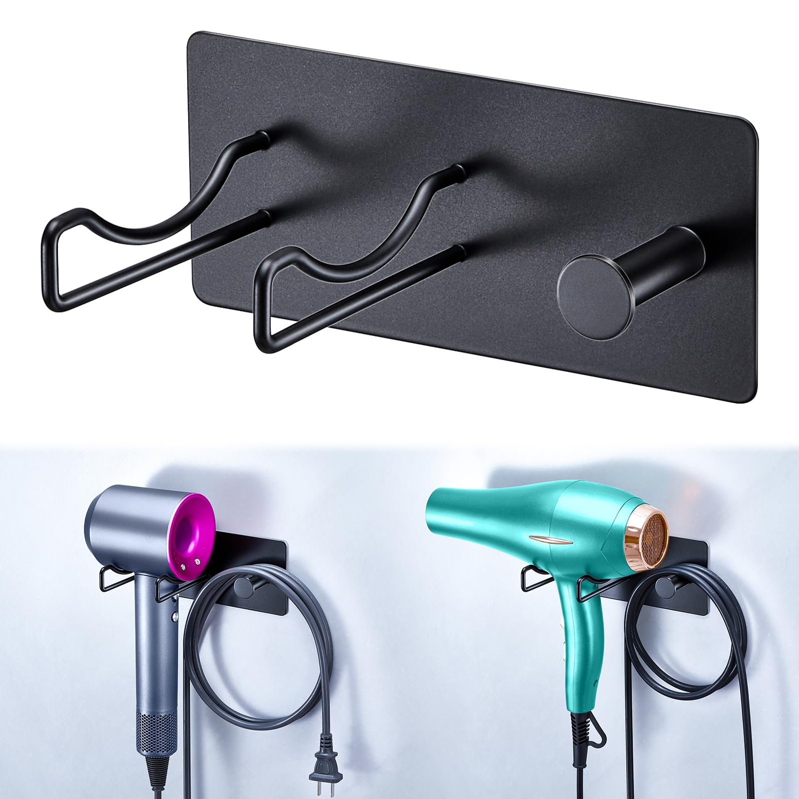 XILIMOR Föhnhalterung Bad Wand Ohne Bohren, Föhn Halterung Fönhalter Edelstahl mit Kabellagerungsregale, Haartrocknerhalter Zum Kleben für Bad Schlafzimmer Hotel