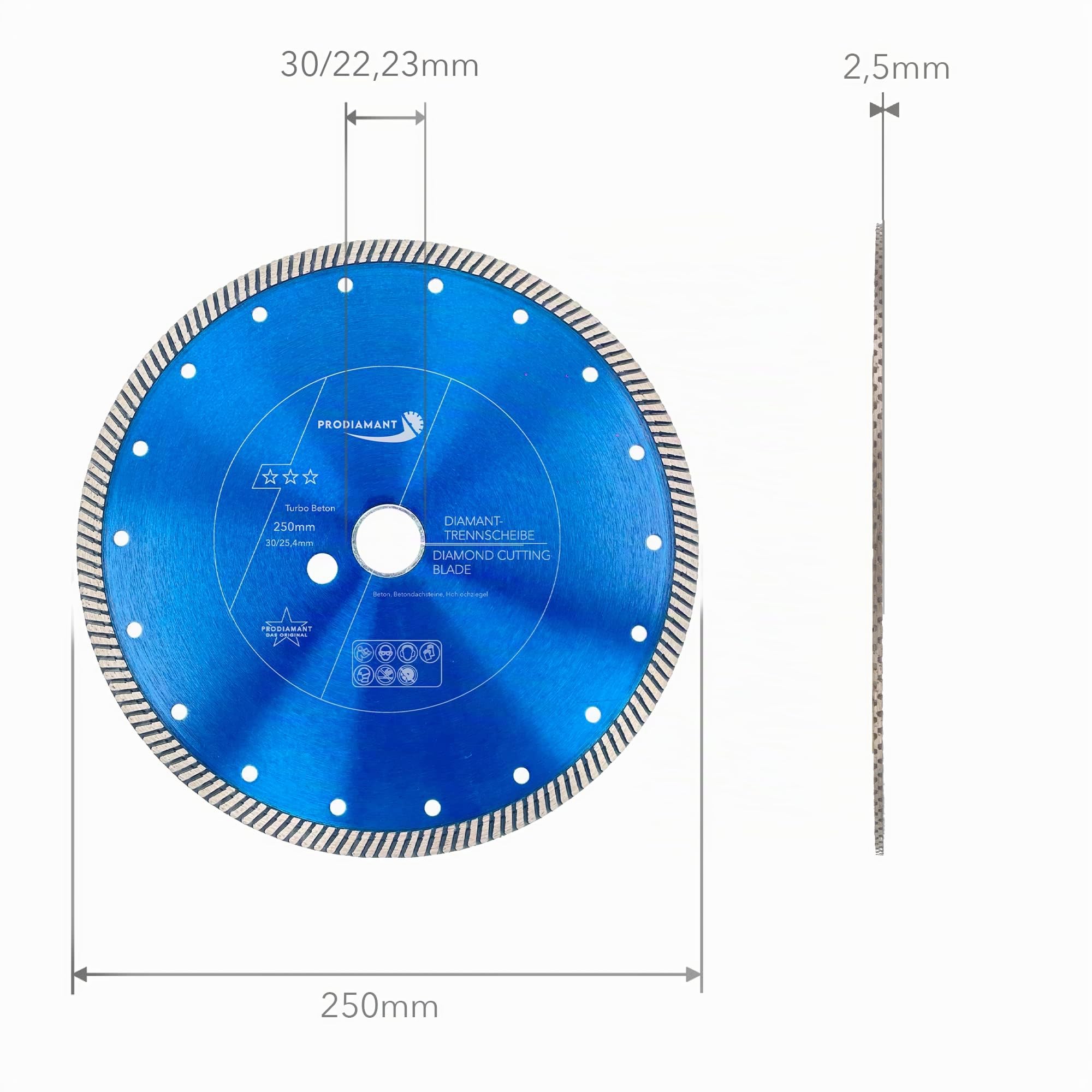 PRODIAMANT Turbo Premium disque à tronçonner diamanté 250 mm x 30 mm - avec anneau 25,4 mm, pour découpe béton, pour tronçonneuses