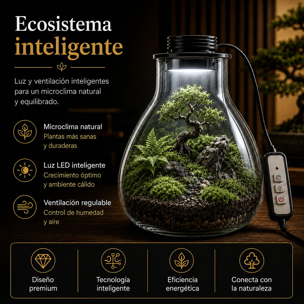 Tapa Smart LED para Terrario 10cm con Ventilación Regulable | Tapa metálica negra con USB, temporizador e intensidad ajustable para terrarios y jardines eternos