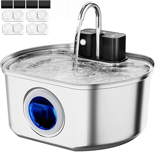 Fuente de agua para gatos de acero inoxidable, inalámbrica de 3.2 L108 onzas, fuente automática para beber mascotas para gatos, dispensador de agua