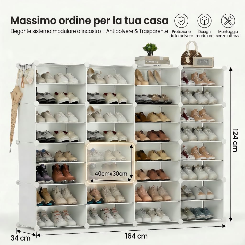 Scarpiera salvaspazio a 32 scomparti con porta, scarpiera modulare in plastica chiusa bianca, mobile per scarpe ingresso fai da te per corridoio camera da letto