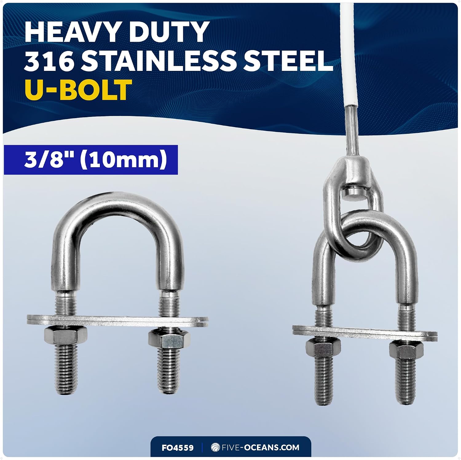 Five Oceans 12-Inch Anchor Safety Straps, Heavy Duty 7x19 PVC Coated Stainless Steel 6mm Wire Rope, Includes 5/16-Inch Carabiner Snap Hook and 3/8-Inch U-Bolt - FO4559