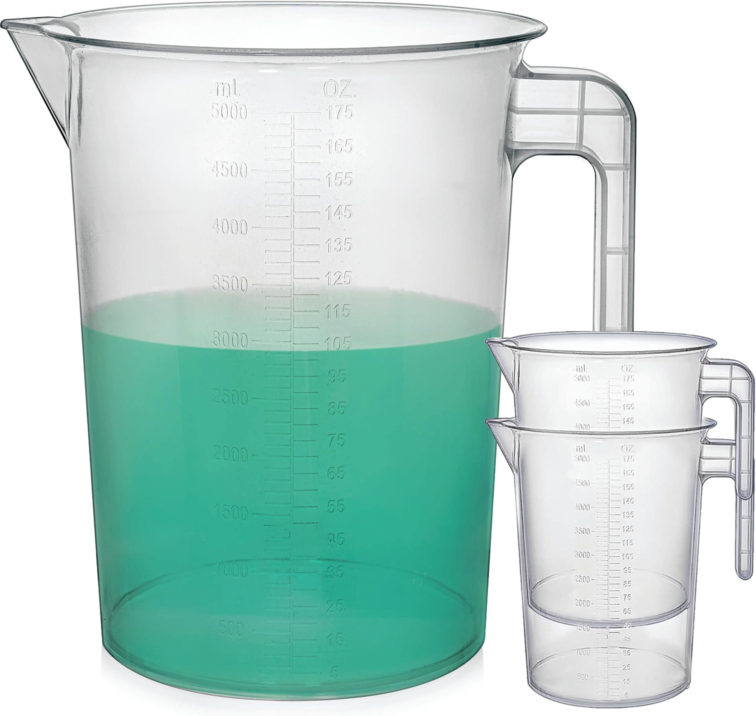 5 Liter Measuring Pitcher 3-Pack | 1.3 Gallon Shatterproof Plastic Large Graduated Mixing Pitchers, 1 to 2 Gallons (5L, 5000ml)