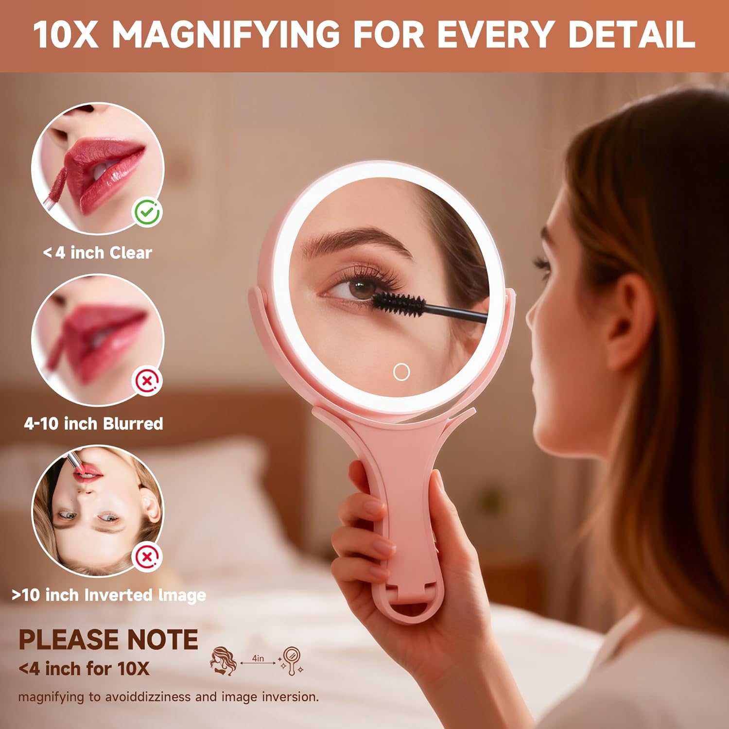 Hasipu Portable Travel Makeup Mirror with Lights – 360° Rotating with 1X/10X Magnifying, Rechargeable Tabletop Handhold Hanging 3 in 1 Mirror (Pink)