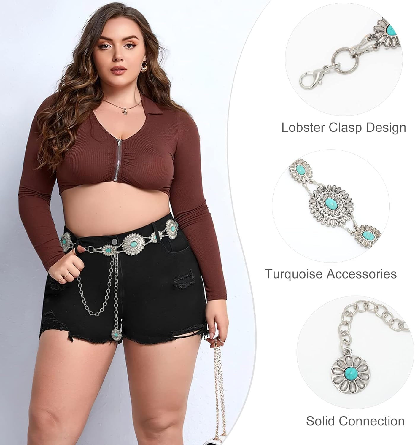 Vista 3 de WHIPPY Cinturón de cadena para mujer, correa de cadena de eslabones de metal, vaquera occidental, turquesa, para vestido