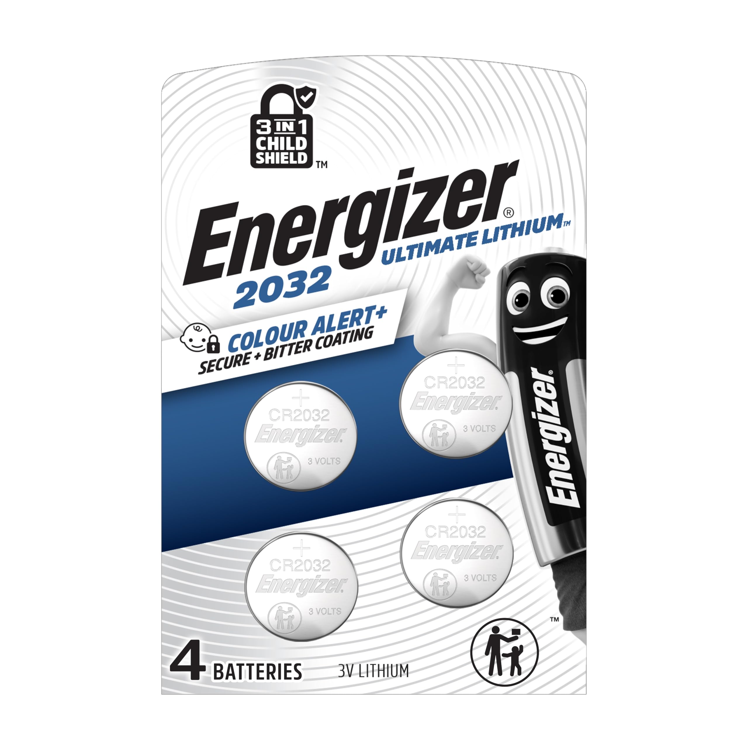 Energizer Ultimate Lithium - CR2032 Batteries (4 Pack) - 3V Battery Coin Cell – World's First 3 in 1 Child Shield Colour Alert Technology – AirTags, Car Key Fobs, Watches - 12 Year Shelf Life