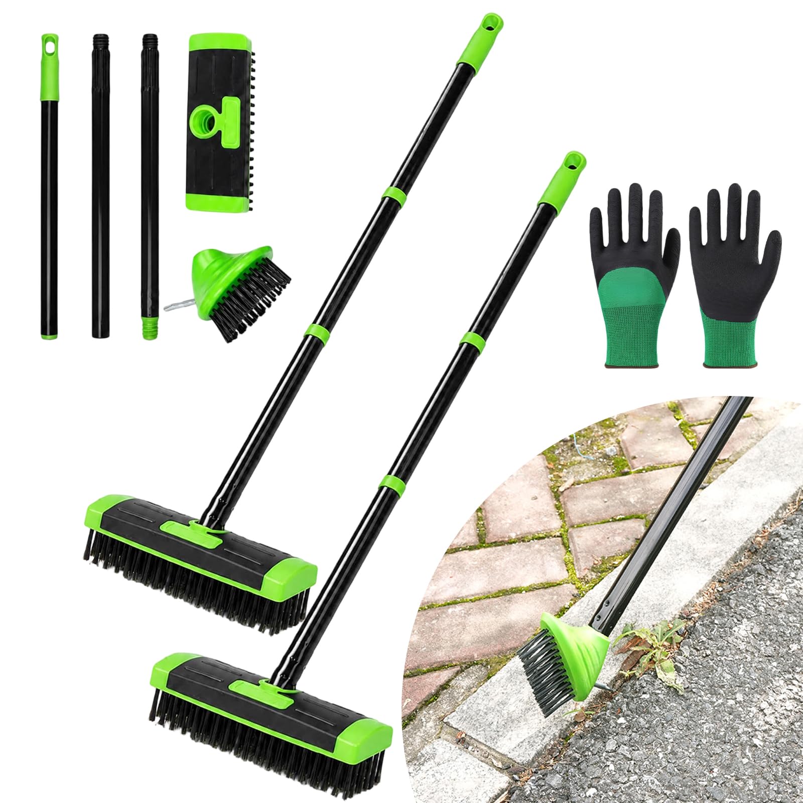 Lot de 2 brosses polyvalentes 3 en 1 avec tête métallique et racloir, outil de nettoyage de la mousse, poignée amovible pour jardin, allée, vert