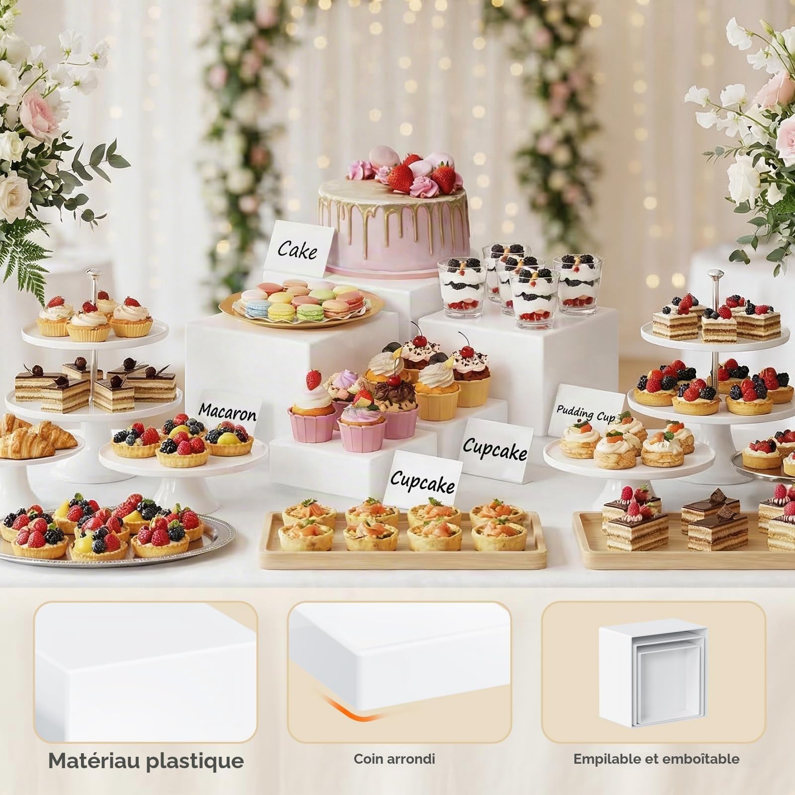 Lifewit Cube Presentoir Buffet, Présentoir Aperitif Buffet en Plastique, Supports pour Cupcakes pour Buffets, Mariages, Fêtes, Blanc, Lot de 5 (16/18/20/21/25 cm)