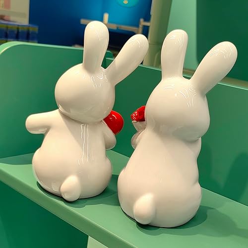 Miniatura 7 de Winsterch Estatuas de conejo de cerámica con corazón y rosa, decoración de amor para sala de estar, dormitorio, estantería, mesa auxiliar, estatua