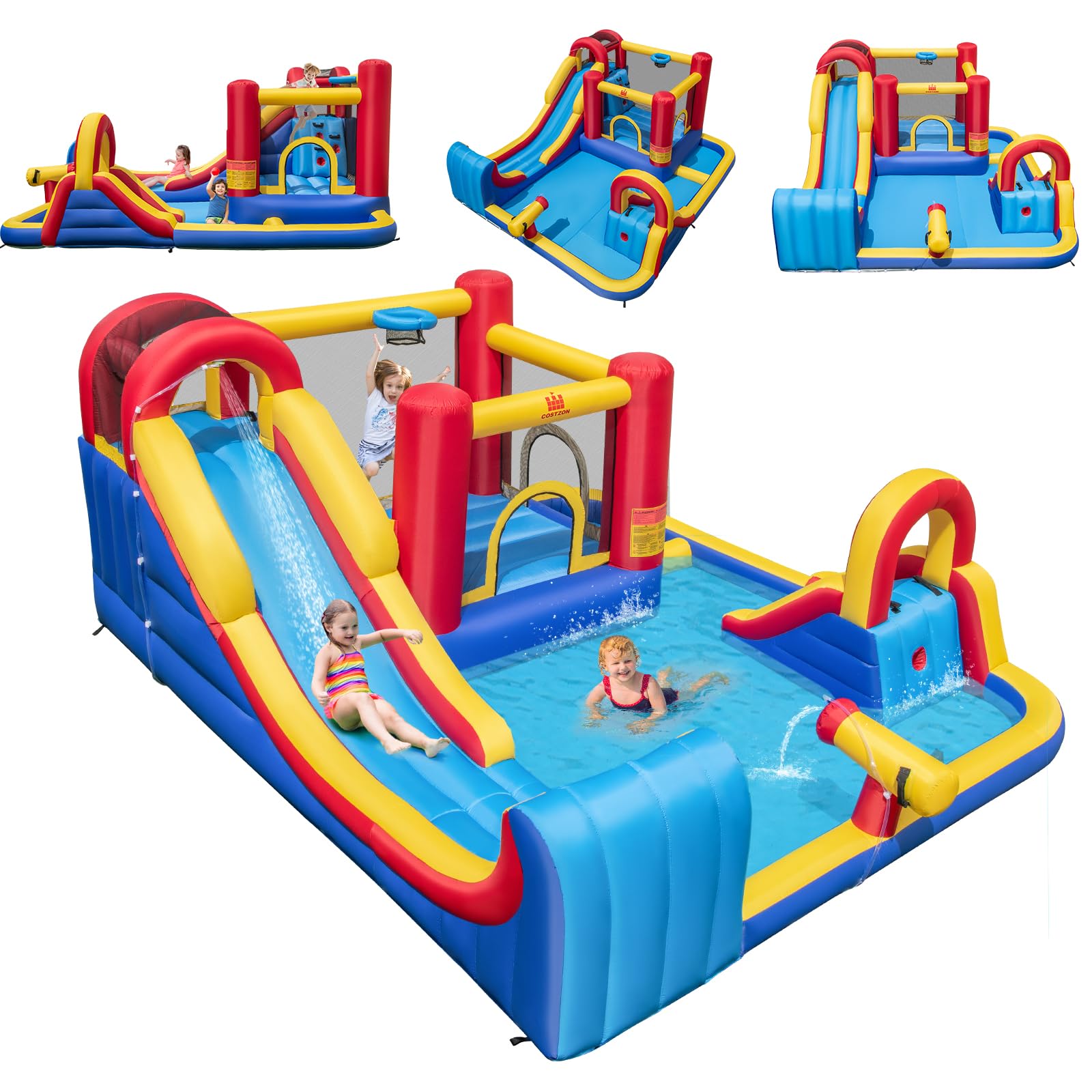 COSTWAY Château Gonflable avec 2 Toboggans et Maison de Saut, Aire de Jeux Gonflable avec 2 Piscines et Panier de Basket, Mur d'escalade, Intérieur Extérieur jusqu'à 3 Enfants de 3-12 Ans