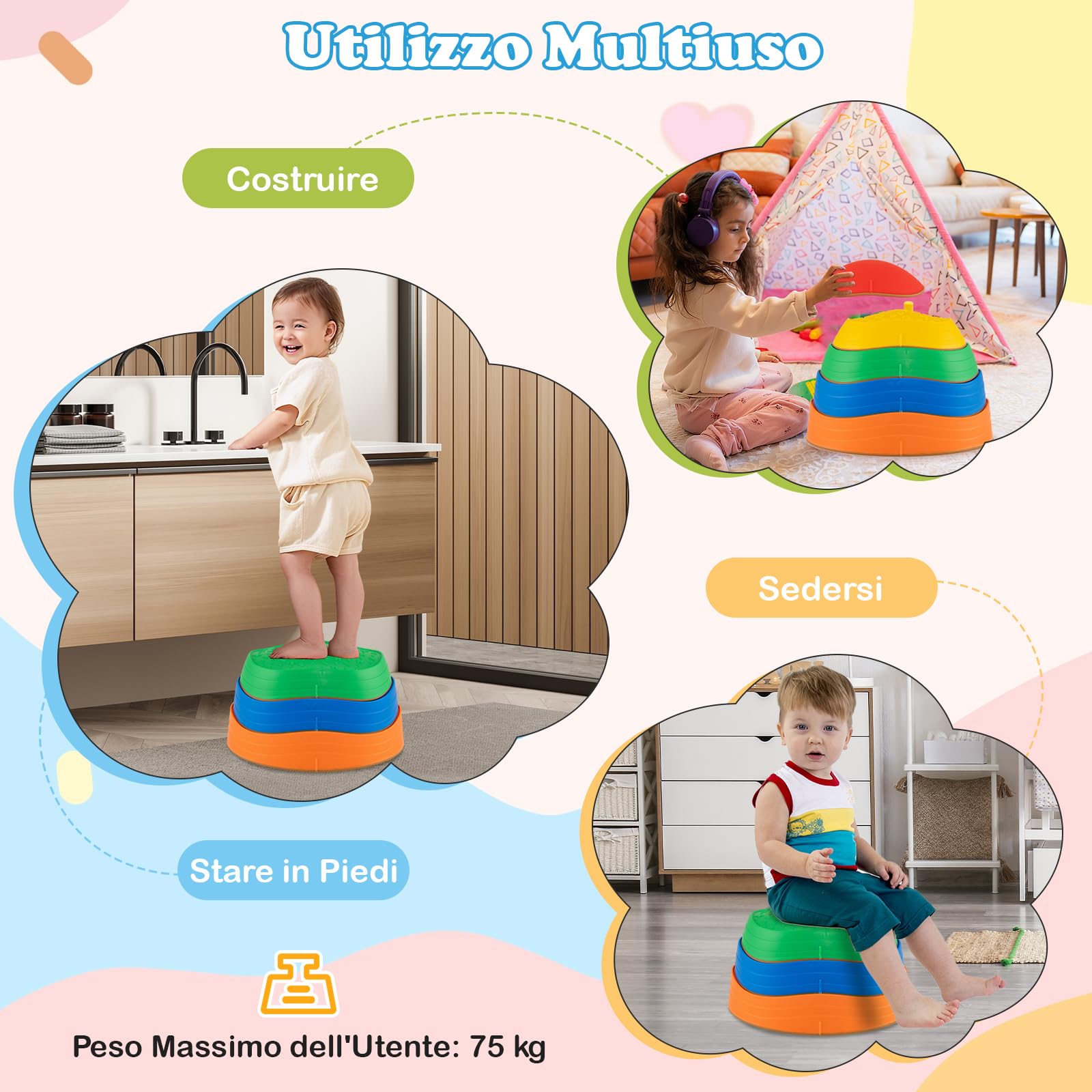 COSTWAY Pietre Equilibrio Bambini, Set di 5 Pietre di Bilanciamento Antiscivolo con Borsa per Trasporto per Abilità Motorie e Giochi di Coordinazione, Giocattoli Sensoriali per 3+ Anni