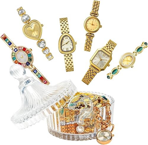 Vinatge - Tarro de reloj misterioso, paquete de 6 pulseras sorpresa doradas, tarro de joyería misteriosa con corazón ovalado redondo o esferas
