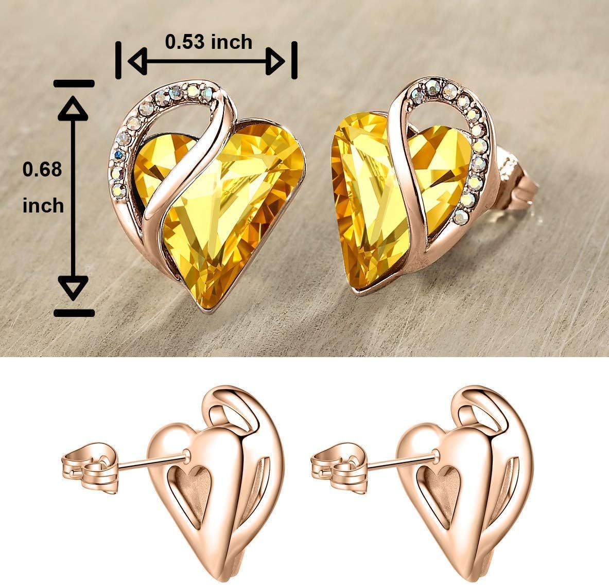 Leafael Infinity Love Crystal Heart Bundle Jewelry Set with Amber Brown Healing Stone Crystal for Balance Gifts for Women Necklace Earrings Bracelet, 18K Rose Gold Plated