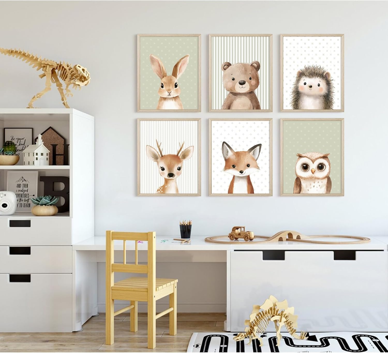Woodland Animal Nursery Wall Art Decor Baby Kids Canvas Poster Safari Animal Wall Decor Jungle Forest Prints Bear Fox Deer Pictures Sage Green Painting Neutral Artwork for Bedroom 12x16x6 Inch Framed