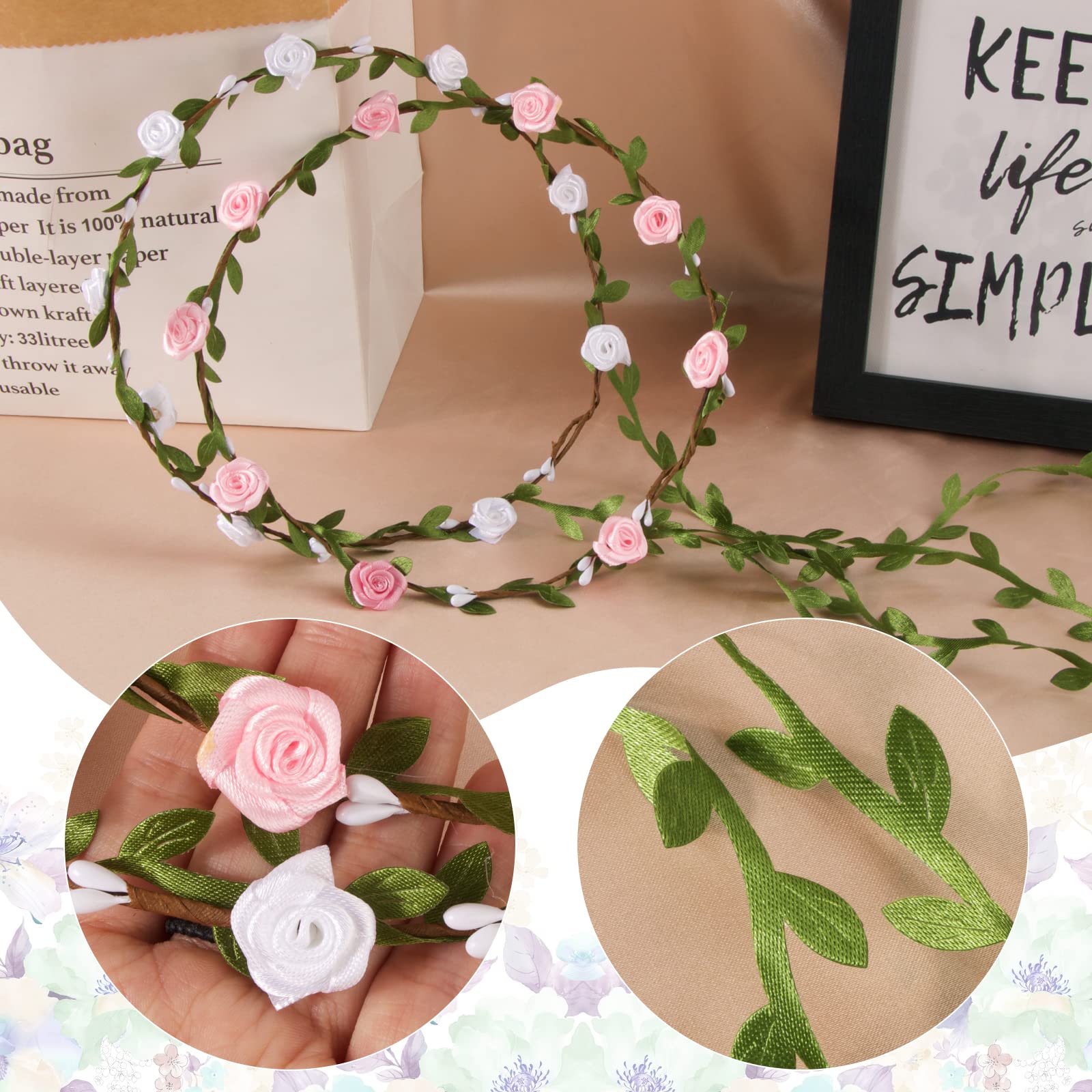 Lot De 8 Bandeaux Fleur Couronne Guirlande - Blanc Et Rose - Accessoires Coiffure Pour Fêtes Et Mariages