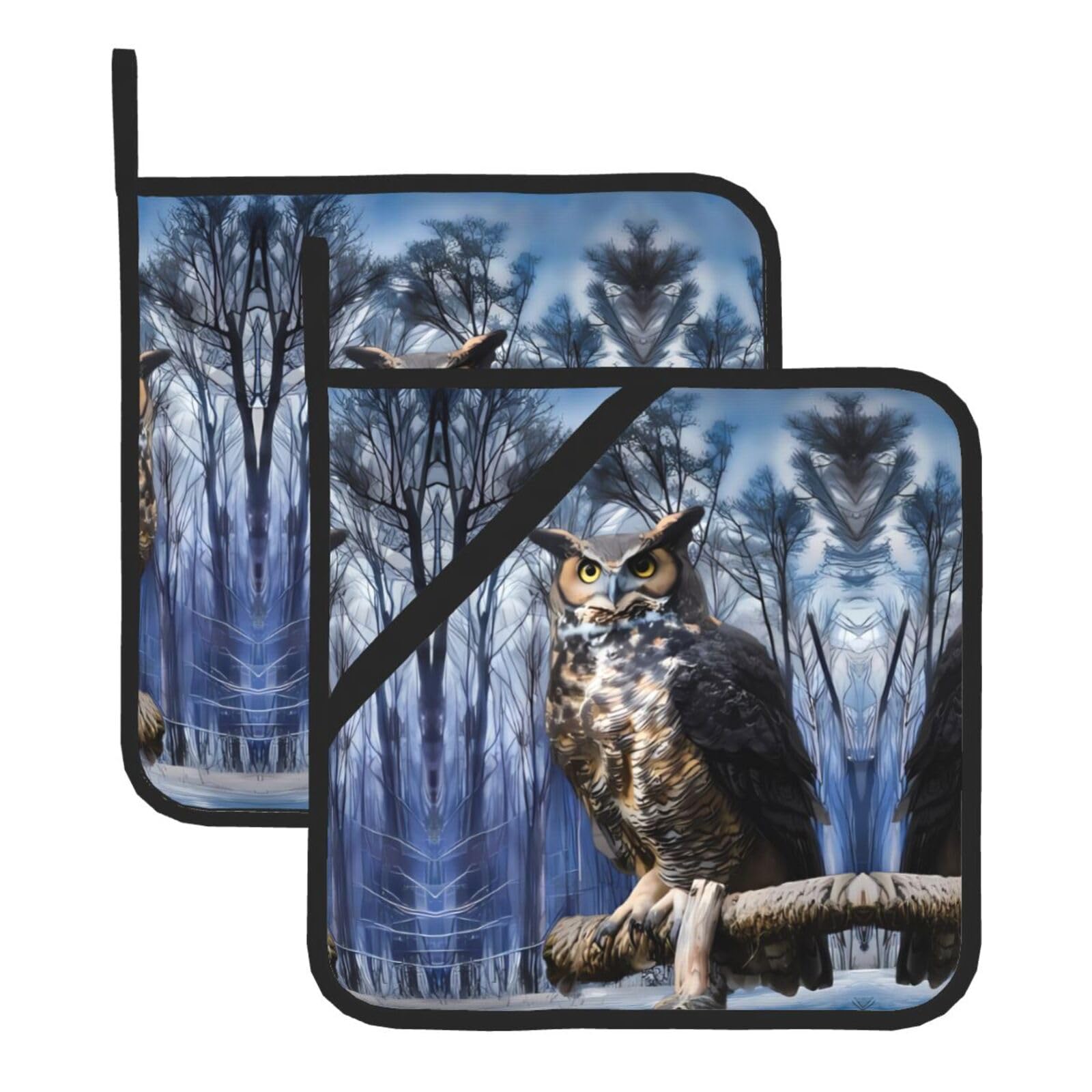 YYHHAOFA Owl Sitting Tree Fence Prints Square Hot Pads for Kitchen Counter - Waterproof Pot Covers with Hanging Loop - Thick Heat Resistant Trivets for Microwave & Oven (2-Pack)