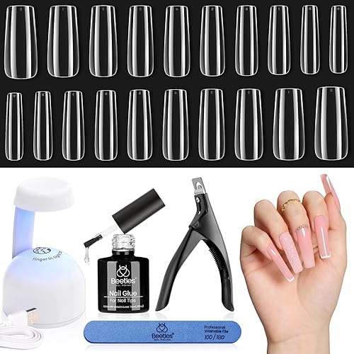 Beetles - Kit de uñas de gel de fácil extensión, 240 puntas de uñas de gel cuadradas largas de cobertura completa con pegamento de uñas 5 en 1 e