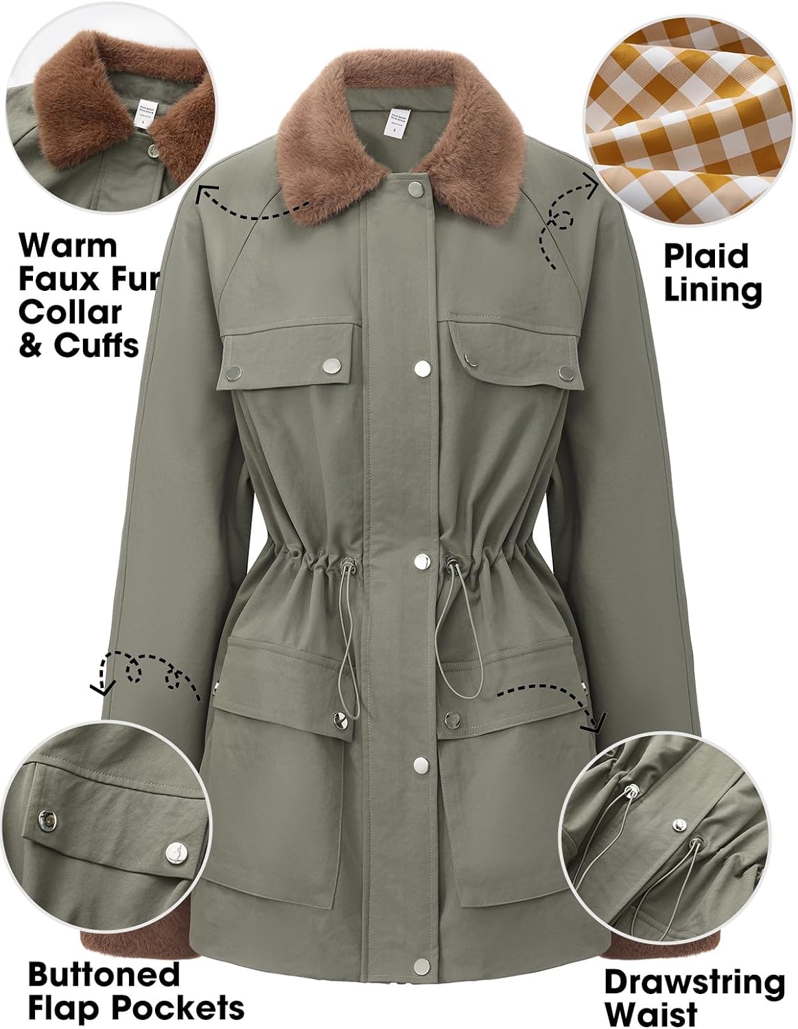 EXLURA Women's Fall Winter Jacket with Faux Fur Collar & Cuffs Trench Coats