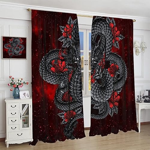 Miniatura 4 de Cortinas opacas para niños, diseño de dragón negro, estampado de flores rojas de dragón feroz, con bolsillo para cortinero, cortinas con aislamiento