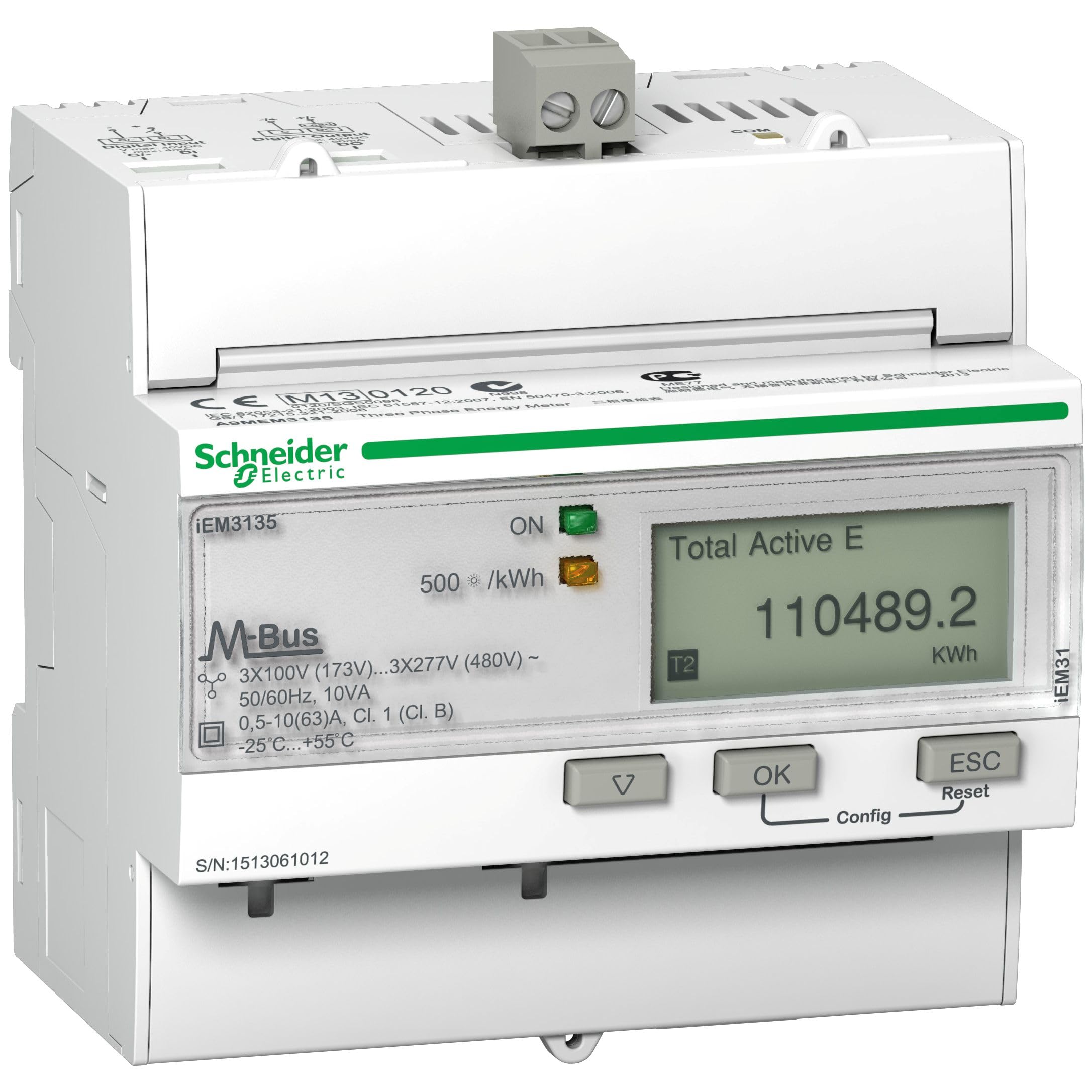 Schneider Electric A9MEM3135 iEM3135 Contador de Energía Digital, 63A, M-bus, 1 ED, 1 SD, 4 Tarifas, 69mm x 95mm x 90mm, Blanco