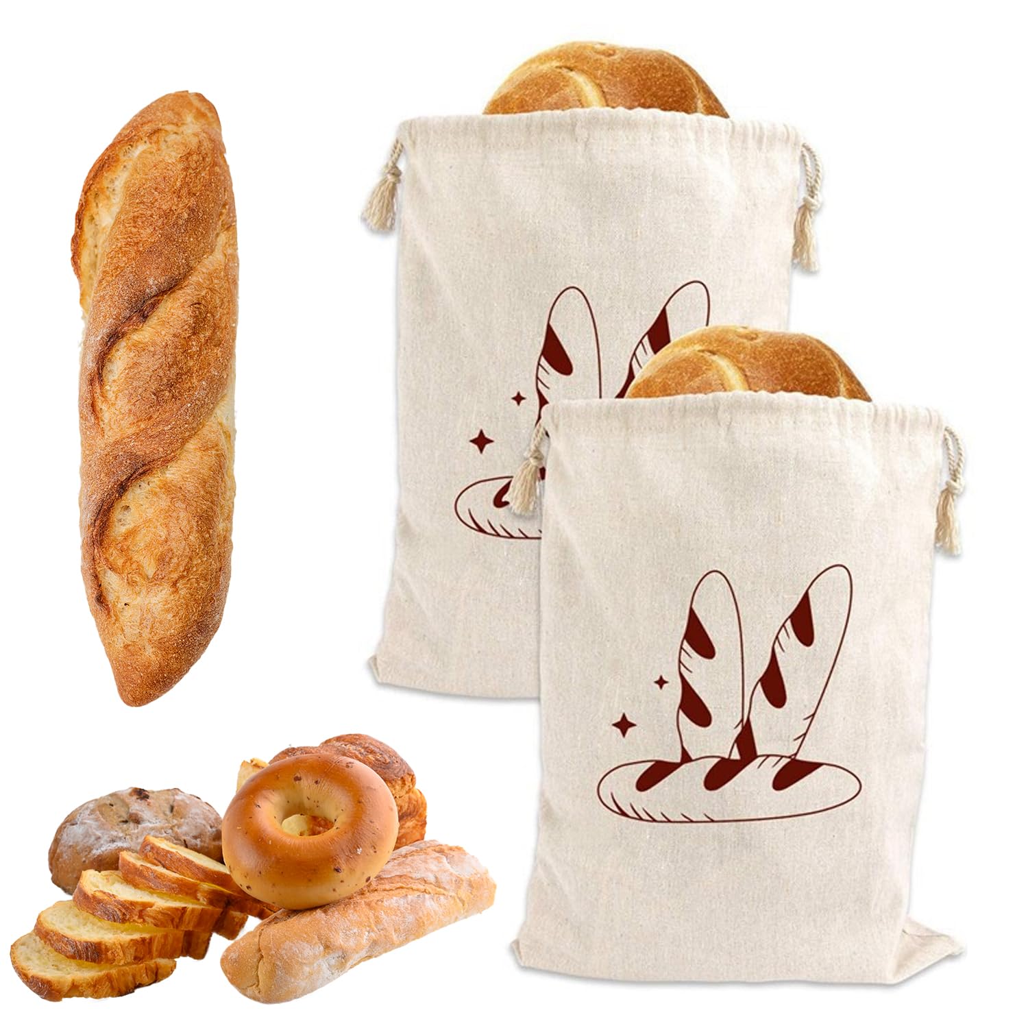 Reusable Bread Bags 2 Pack Eco-Friendly Loaf Bags for Homemade Bread Storage, 38x28 cm