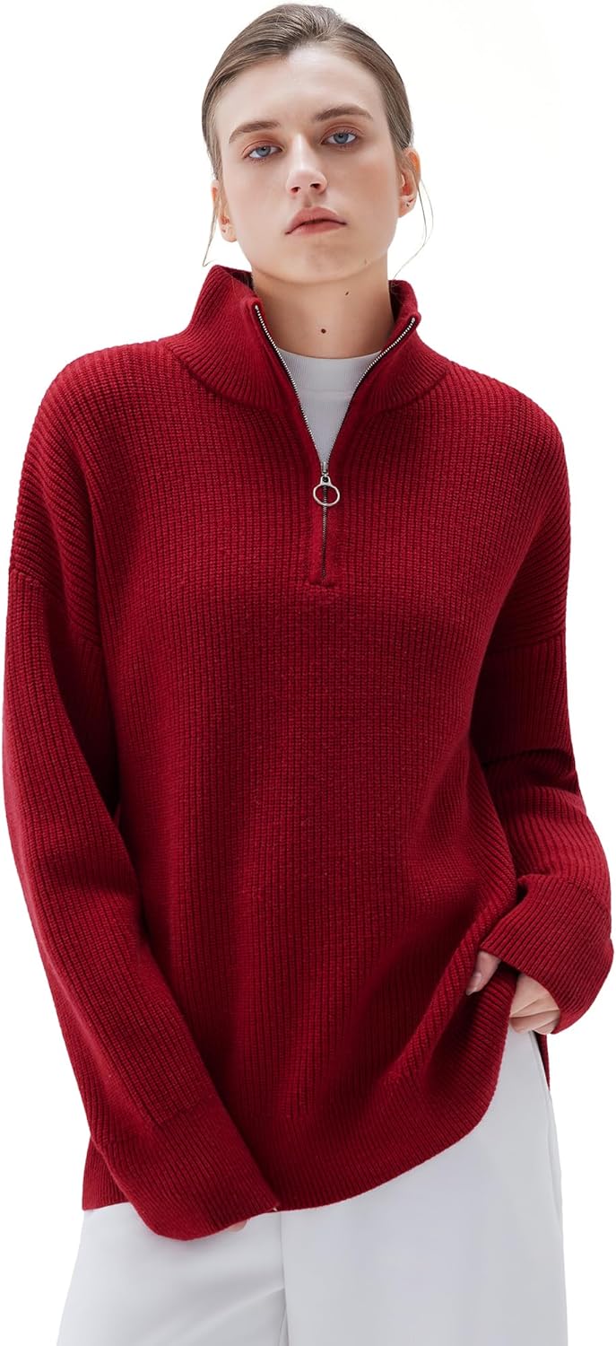 SUUKSESS Women Cashmere Oversized Quarter Zip Pullover Sweater Long Sleeve Collared Ribbed Knit Jumper Tops