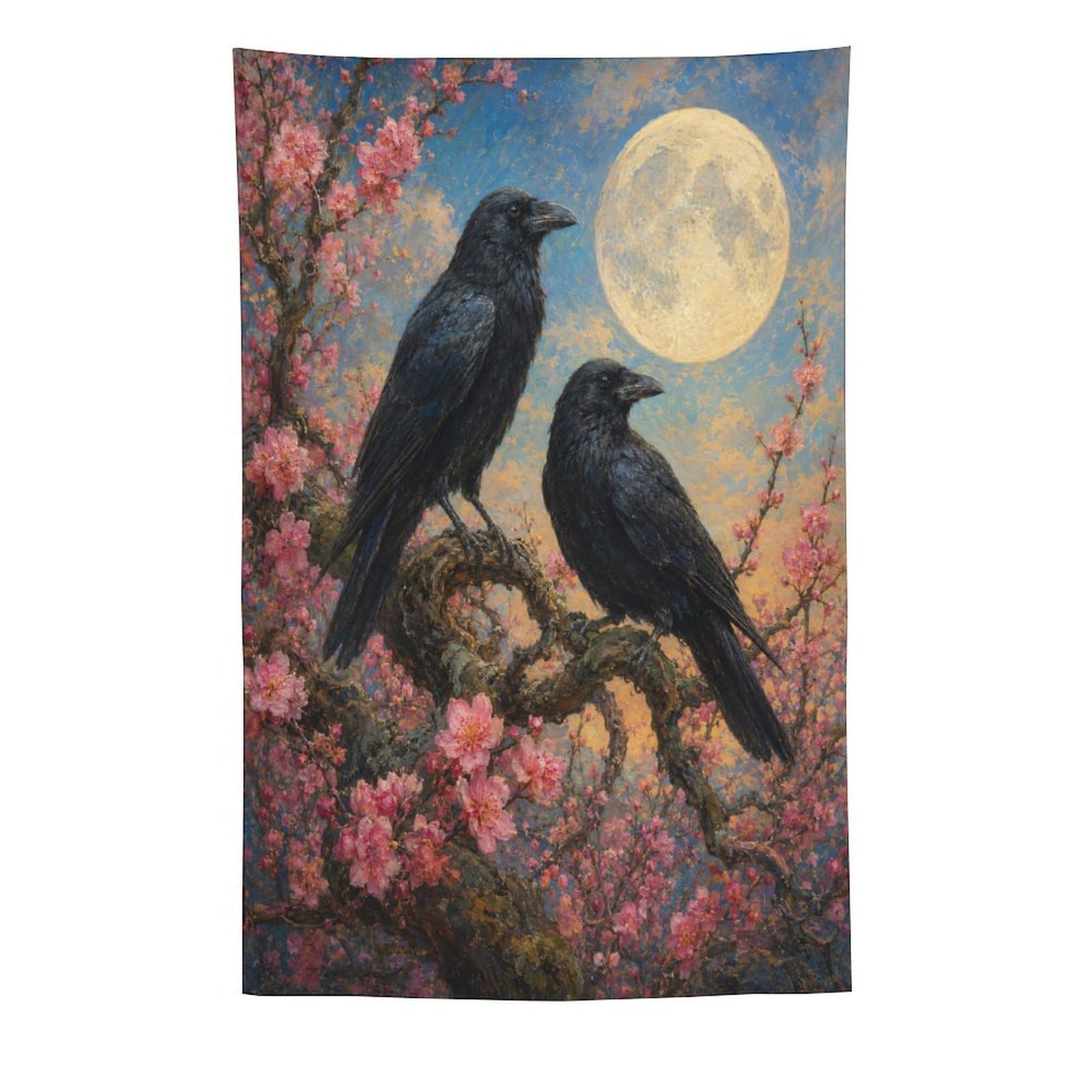 H3B8U2Y5 Ravens Under Moon Wall Tapestry, Ukiyo-e Style, Cherry Blossom