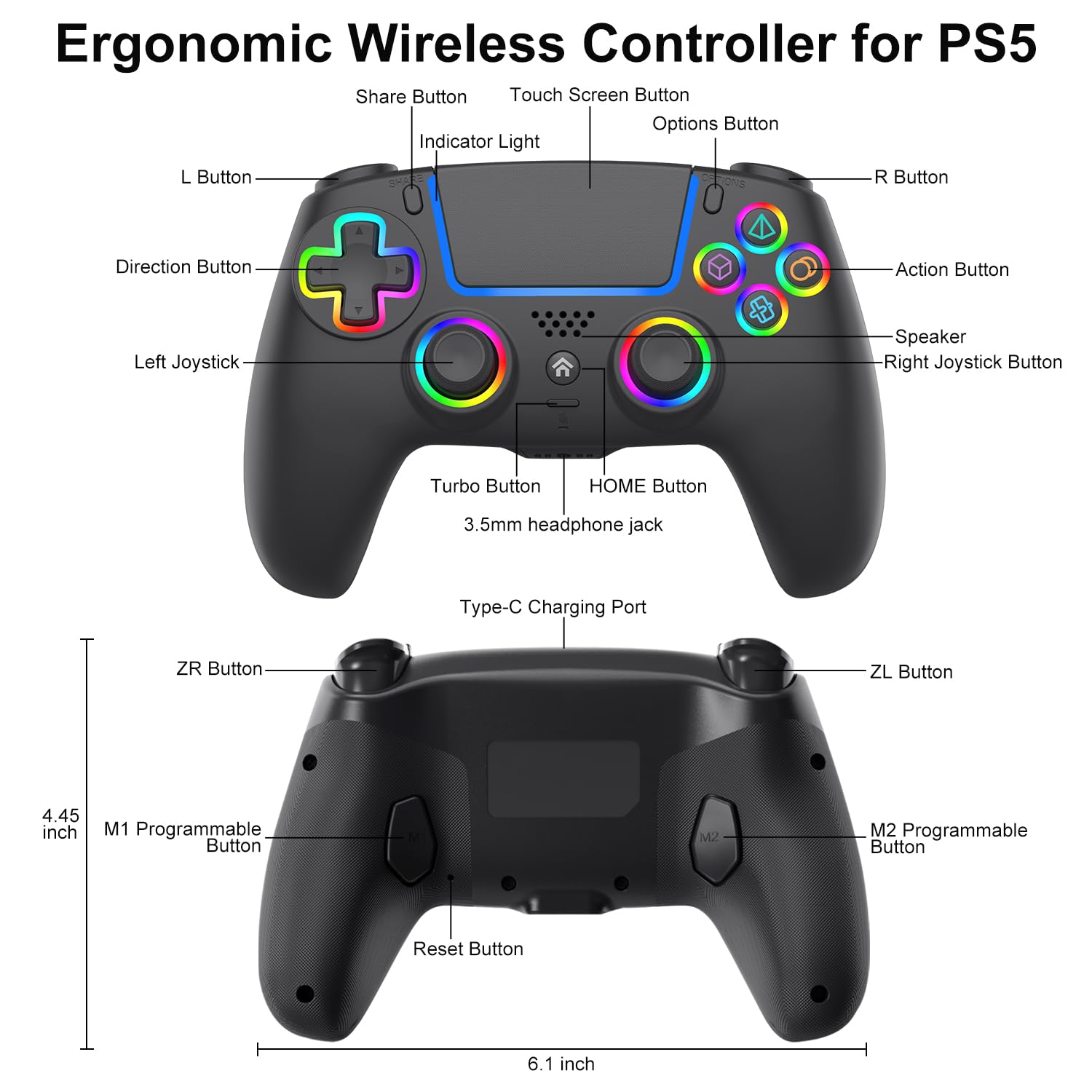 ADHJIE Controlador inalámbrico para PS5, controlador inalámbrico LED RGB compatible con PS5/PS5 Slim/PS5 Pro/PC con conector de auriculares de audio de 3.5 mm y batería integrada de 1000 mAh, turbo y