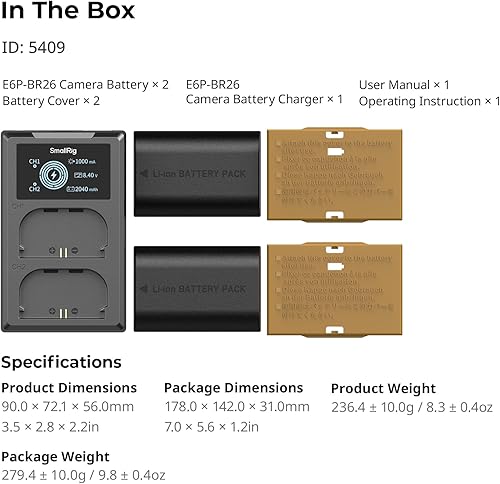 Miniatura 9 de SMALLRIG Juego de cargador de batería para cámara Canon LP-E6P, batería de 2520mAh, carga rápida de doble ranura, pantalla LCD para Canon EOS R6