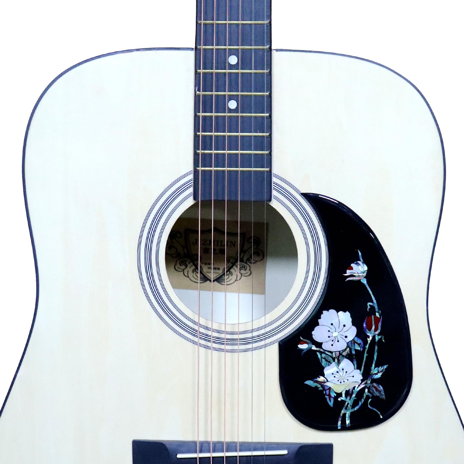 Samoprzylepna osłona do gitary akustycznej, pogrubiona osłona w kształcie łezki, inkrustowana skorupa uchowca, konstrukcja dla większości gitar akustycznych Martin (skorupa kwiatowa - czarna)