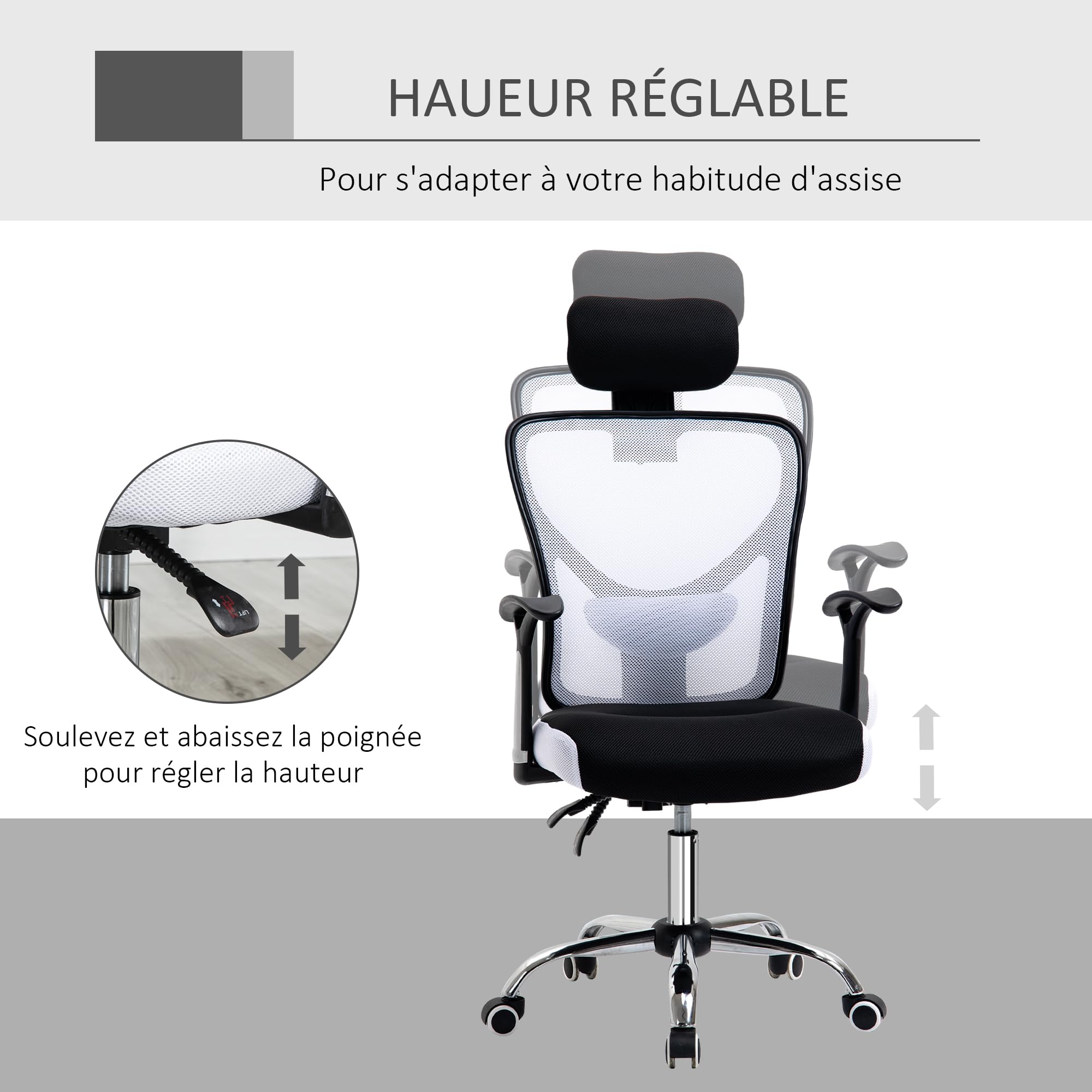 Vinsetto Chaise de Bureau Ergonomique en Maille Appui-tête Noir et Blanc