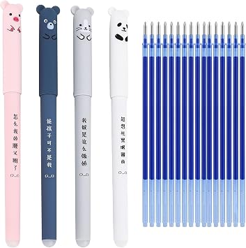 Erasable Pens Blue Ink Set, 4Pcs Cute Animal Rub Out Pens 0.5mm Friction Pen with 20 Refills, Kawaii Japanese Stationery Novelty Pens for School Office Supplies