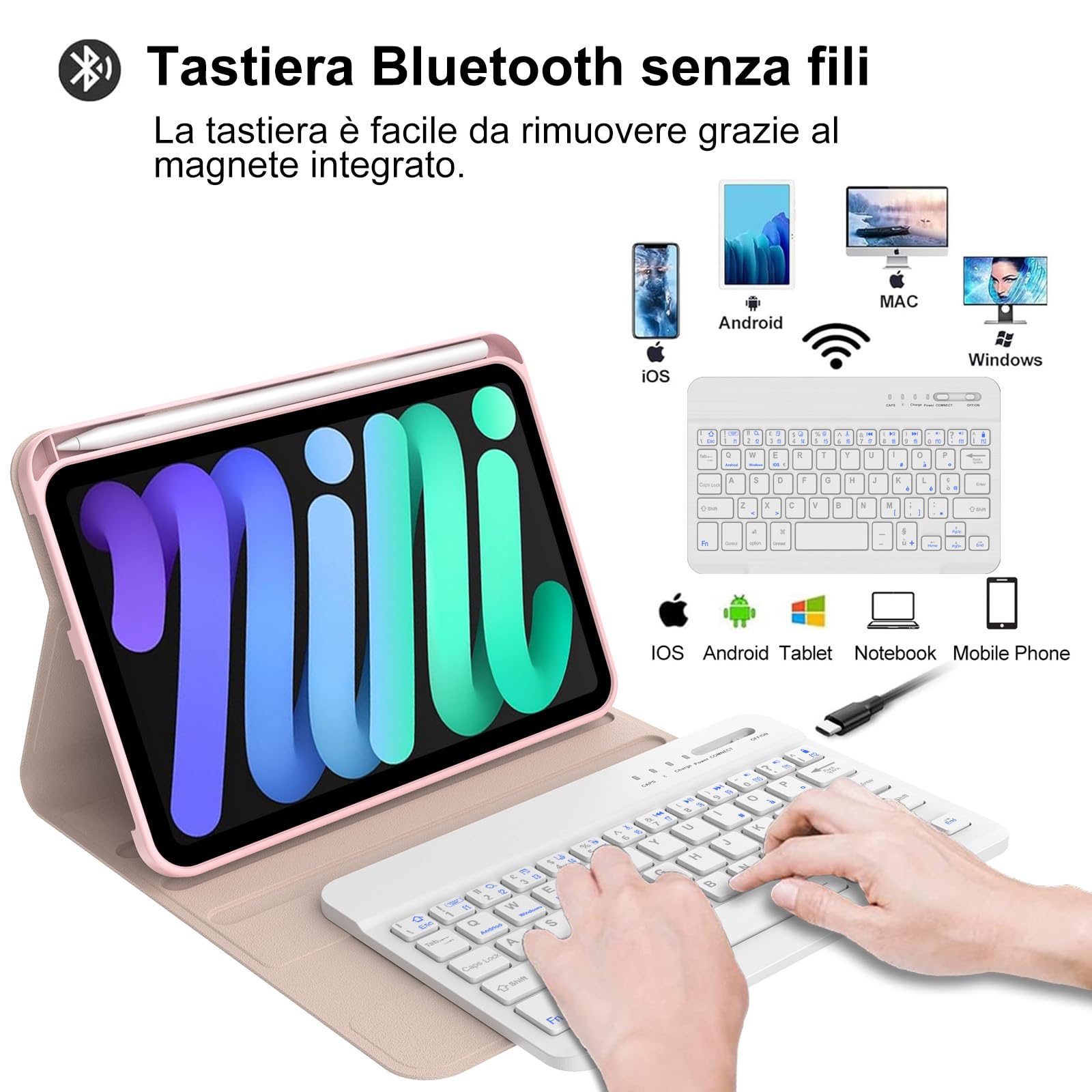 WINCHKING Tastiera per iPad Mini 7 2024/ Mini 6 2021, Custodia Tastiera per ipad Mini 7/6 Generazione 8,3", Cover Italiano QWERTY Bluetooth Keyboard per iPad Mini 6a/7a Generazione 8.3 Pollici, Rosa