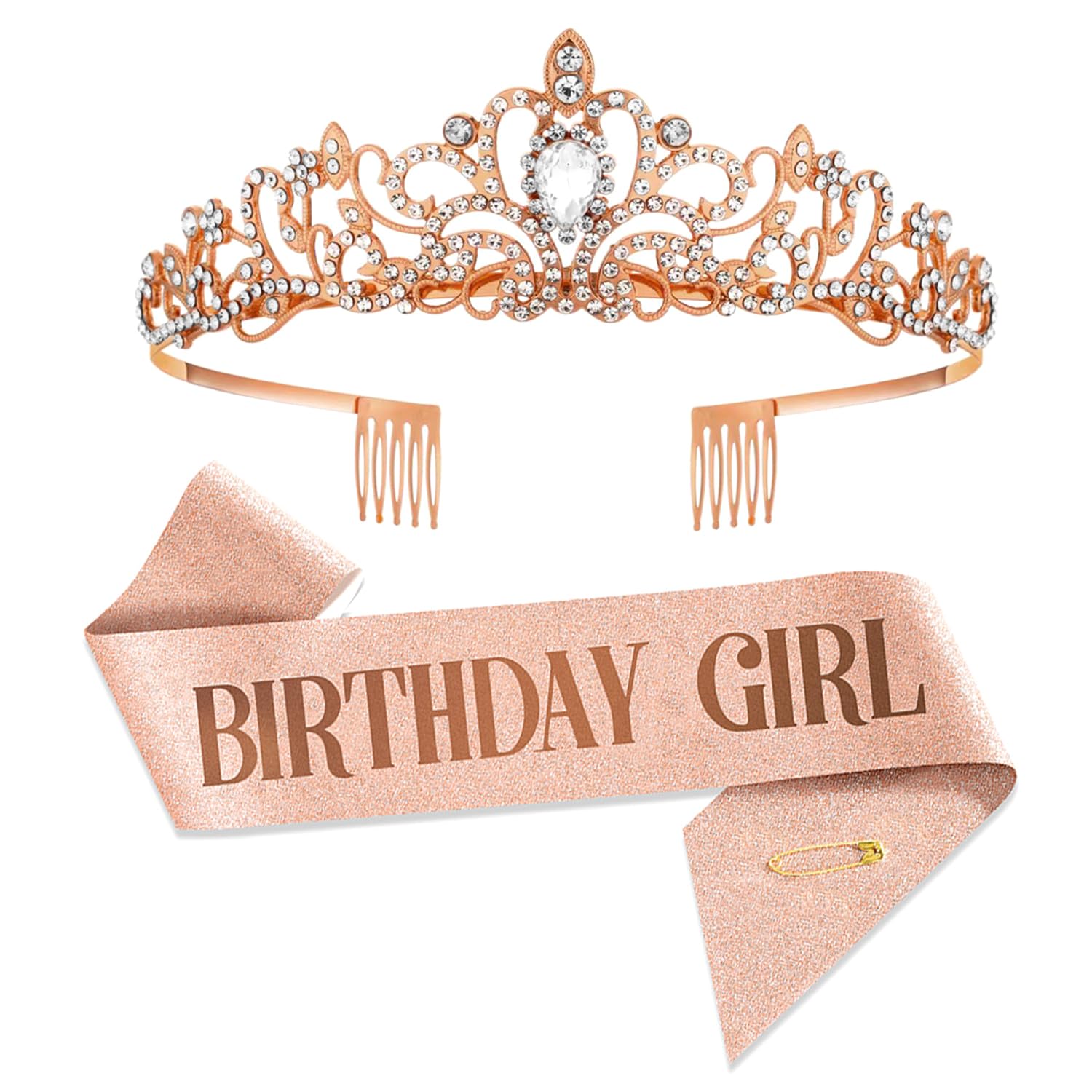 Rose Gold Cubic Zirconia Crystal Studded Princess Tiara Crown & Birthday Girl Saash Birthday Gift for Girls & Women-image-33