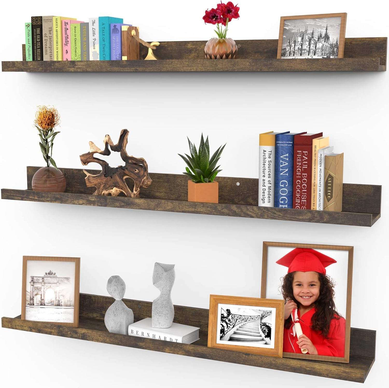 Icona Bay - 91 cm / 36 Inch Floating Shelves for Wall - Set of 3 in Walnut Brown - Modern Rustic Style - Wall Mounted Display Shelves - Picture Ledges