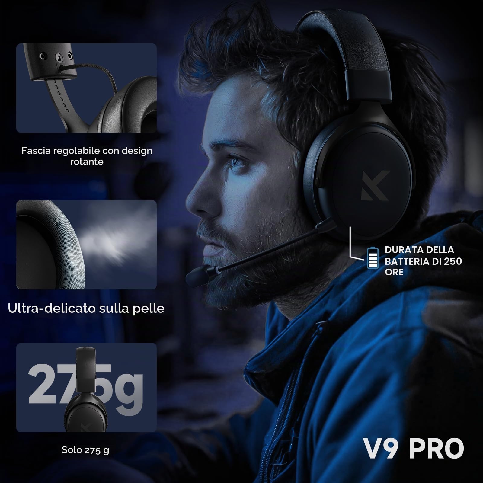 MCHOSE V9 Pro - Cuffie da gioco senza fili, suono surround 7.1 | Driver al neodimio da 53 mm, portata fino a 40 m, 15 ms a bassa latenza, equalizzatore personalizzabile, PC, PS5, Switch