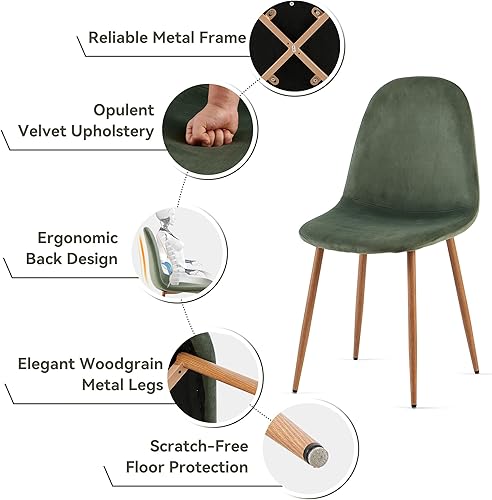 Miniatura 3 de Howtek Mid-Century - Juego de 4 sillas de comedor modernas tapizadas de terciopelo verde con respaldo y patas de metal para comedor, sala de estar,