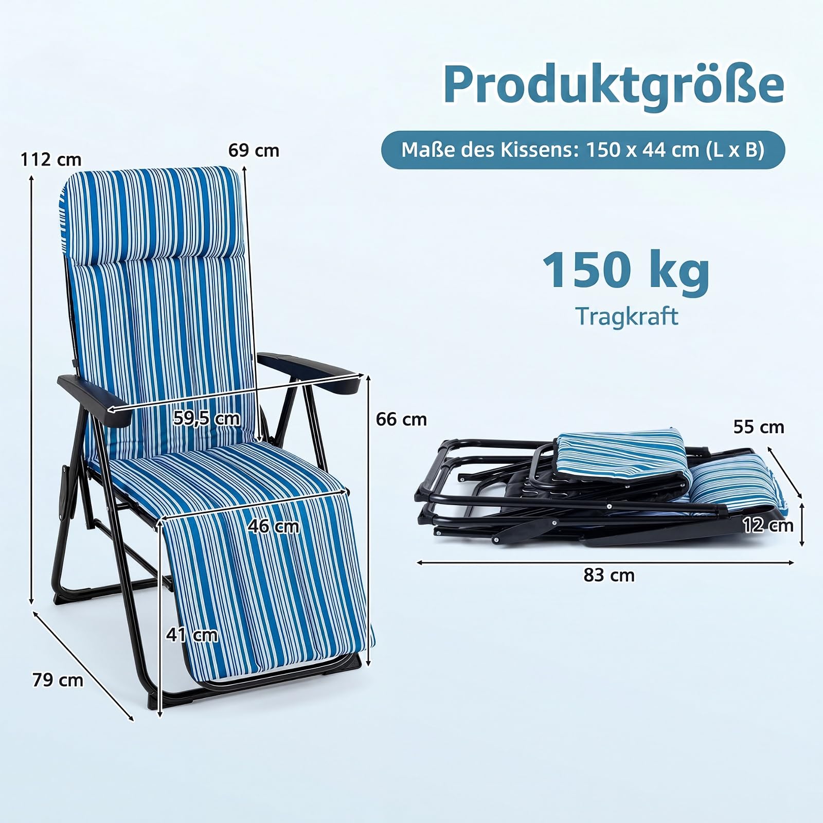 COSTWAY Leżak składany, leżak z poduszką, regulowane oparcie, odporny na warunki atmosferyczne, składany leżak ogrodowy, obciążenie do 150 kg, leżak relaksacyjny do ogrodu, na balkon