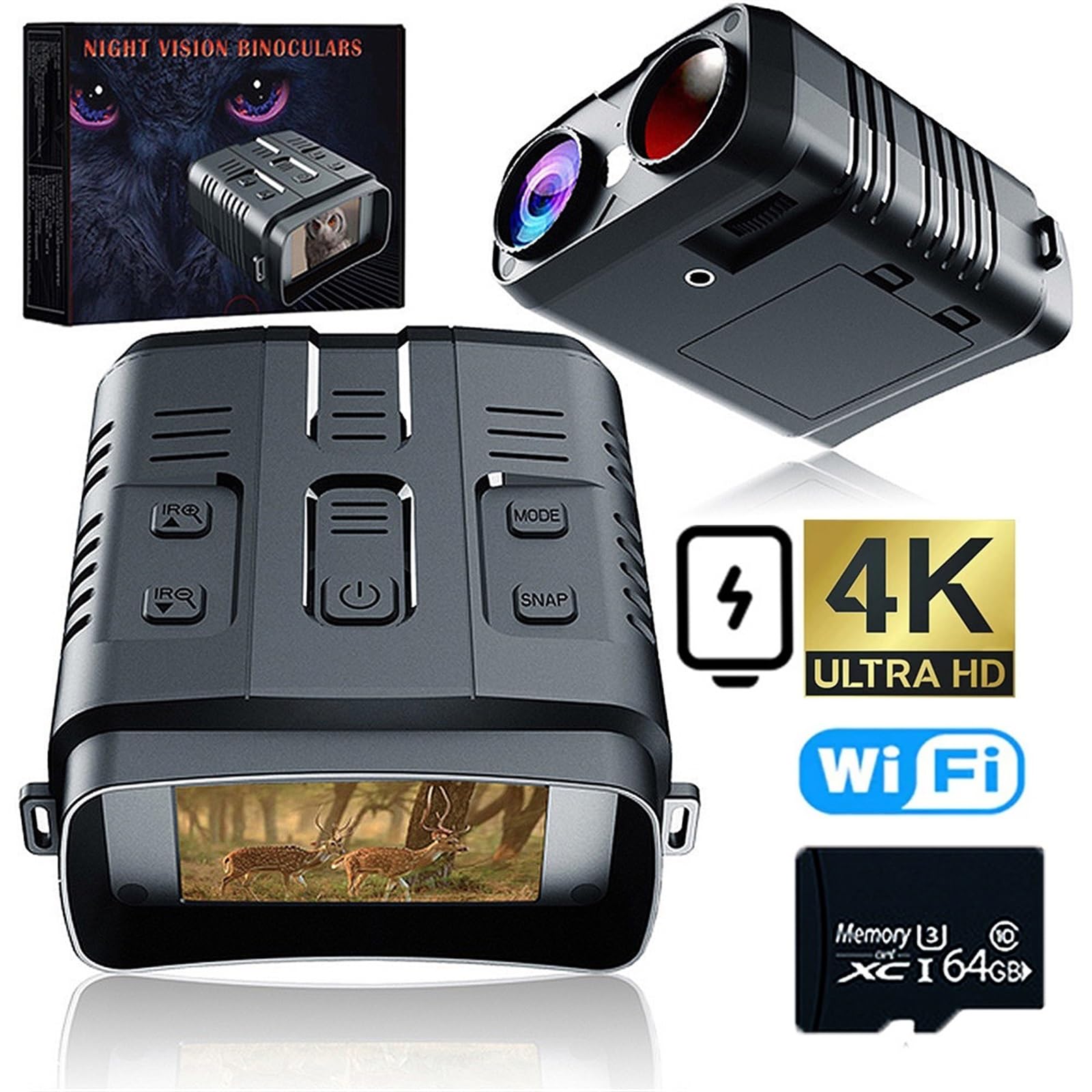 Visore Notturno, Ponbos NV009 4K UHD 800M a infrarossi Visione Notturna binoculare 42MP Zoom 10X telescopio Digitale Ricaricabile for Caccia Campeggio(with 64G TF Card)