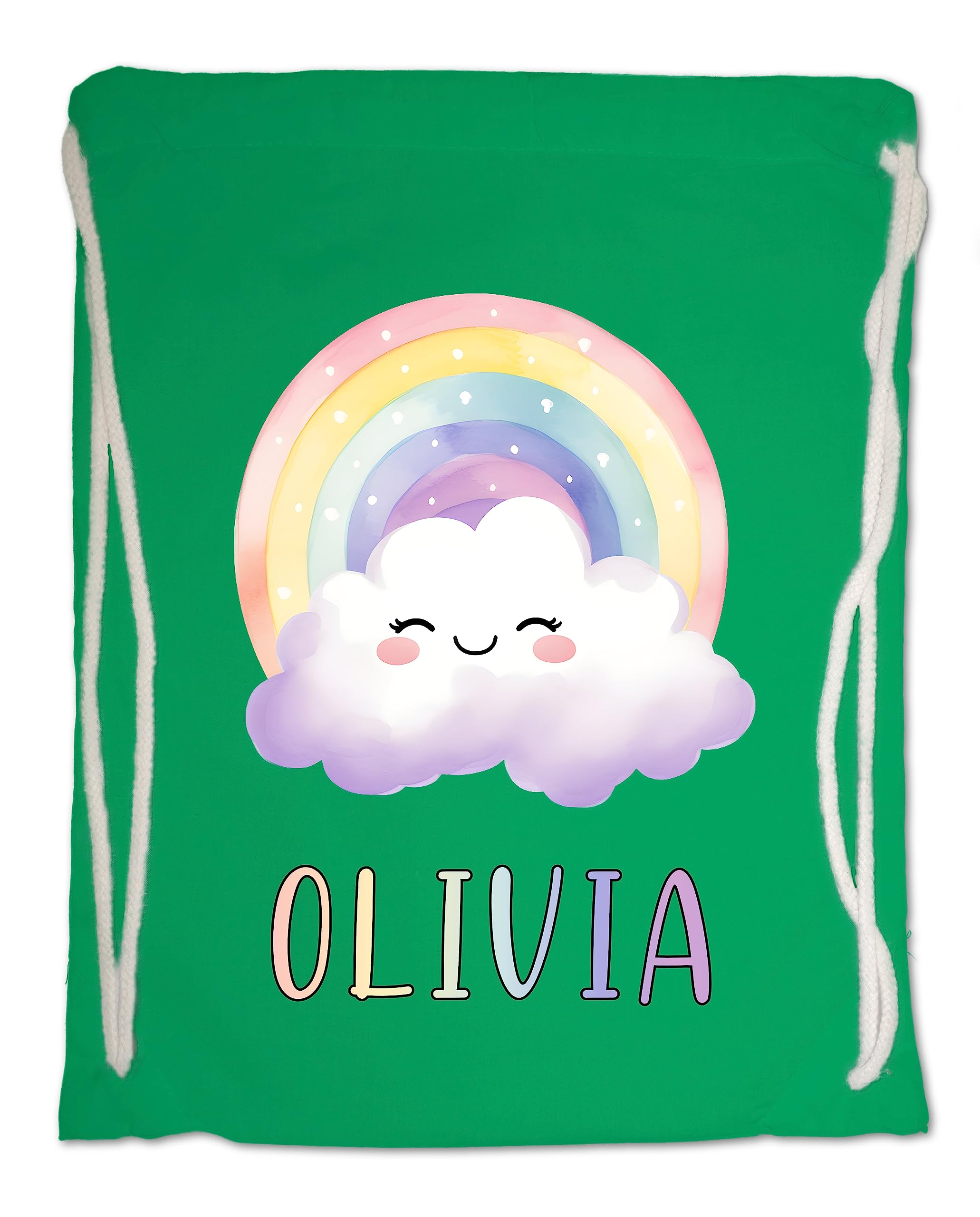 Kids Personalised Gym Bag. Watercolour Rainbow Clouds Any Name Swimming PE School Sports Bag. (Kelly Green)