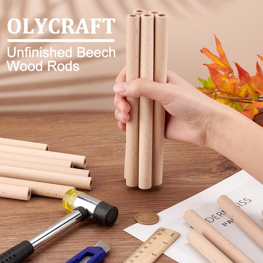 OLYCRAFT 40 bastoncini di legno cavi rotondi da 200 x 15 mm, con foro da 8 mm, aste rotonde in legno di faggio non finito, per progetti artistici fai da te