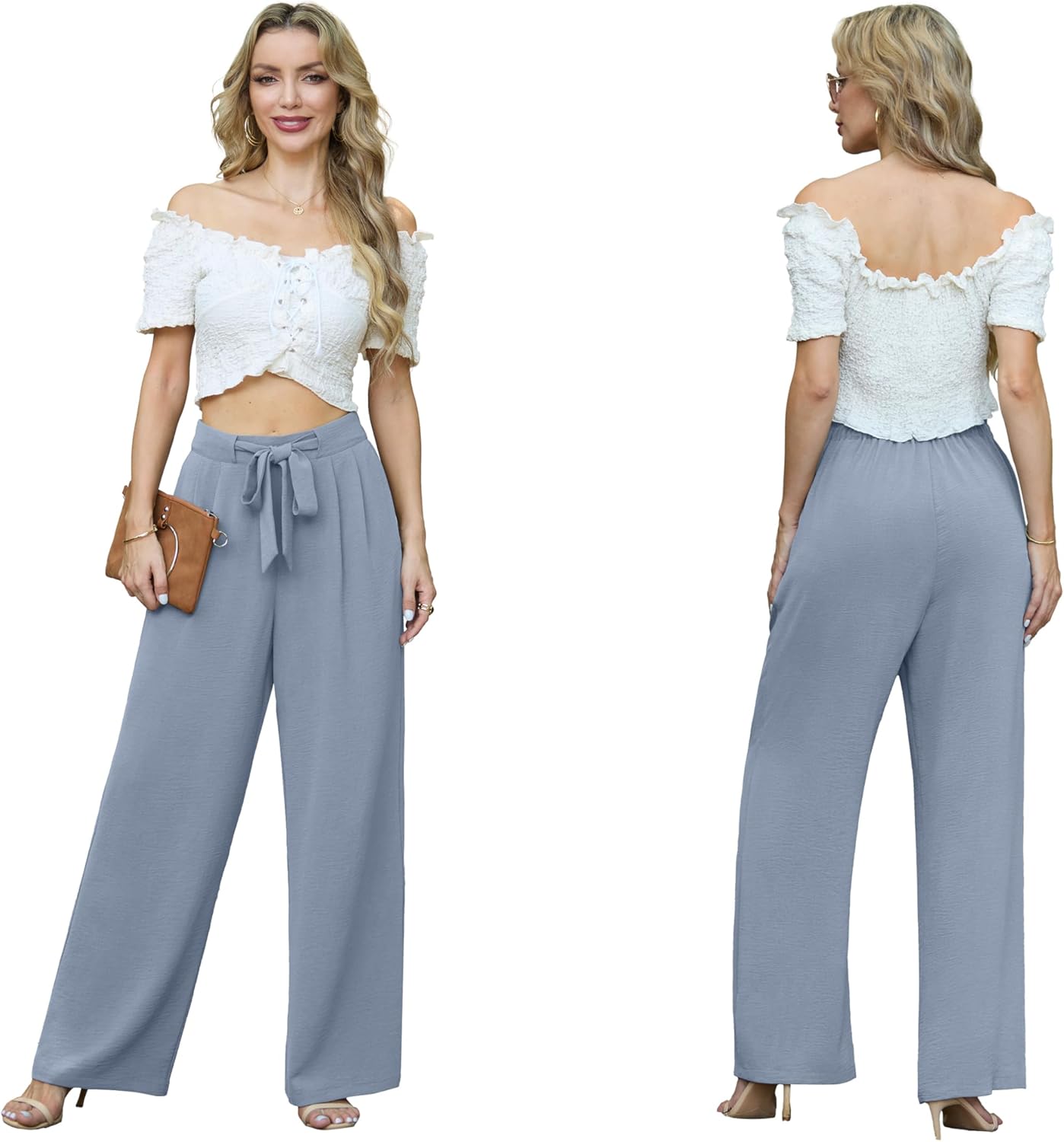 Lepunuo Women's High Waisted Wide Leg Flowy Pants Casual Palazzo Pants Work Adjustable Tie Knot Pants with Pockets - Image 3