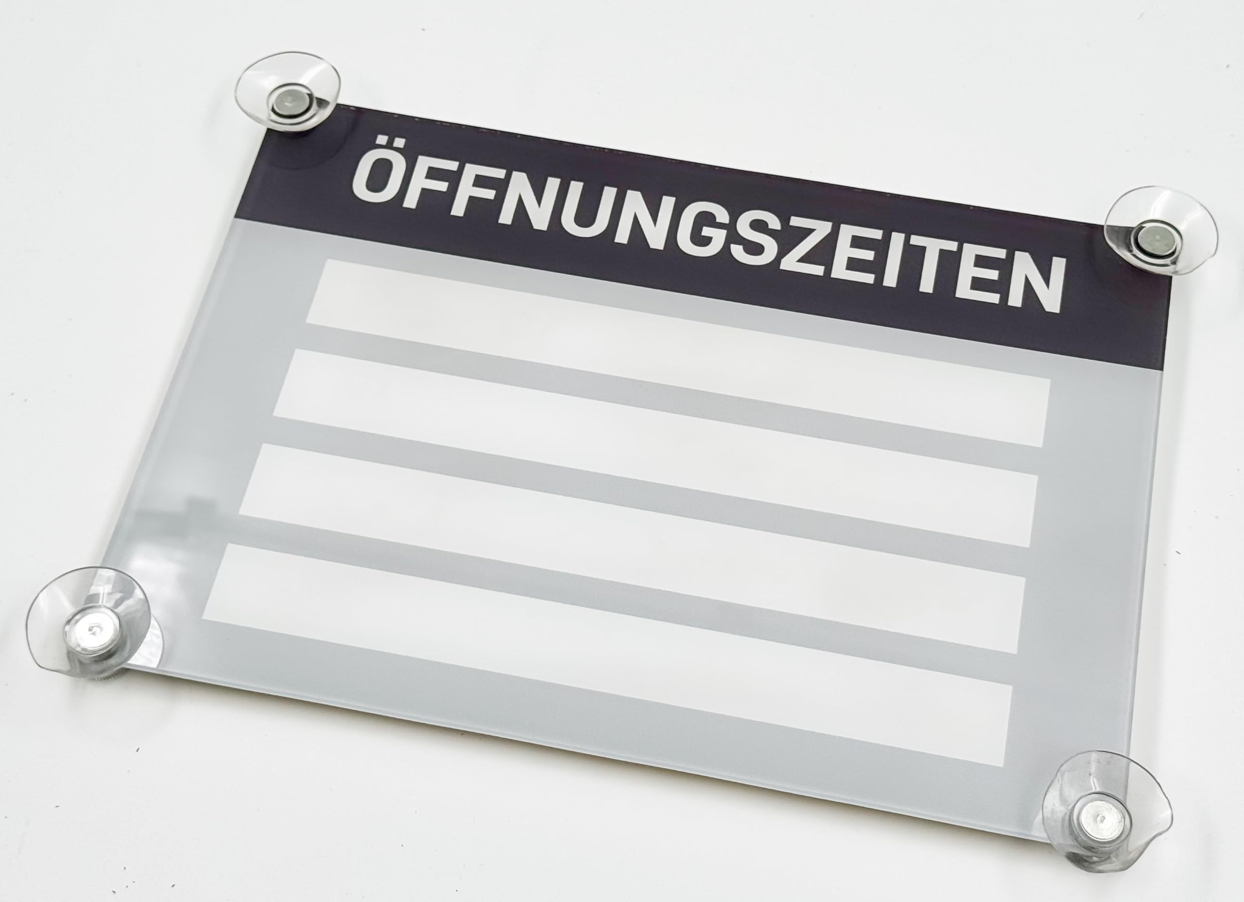Panneau pour horaires d'ouverture avec ventouses (19 x 27 cm) – Plaque de porte en verre acrylique – Plaque de fenêtre inscriptible individuellement – Plaque pour horaires d'ouverture pour