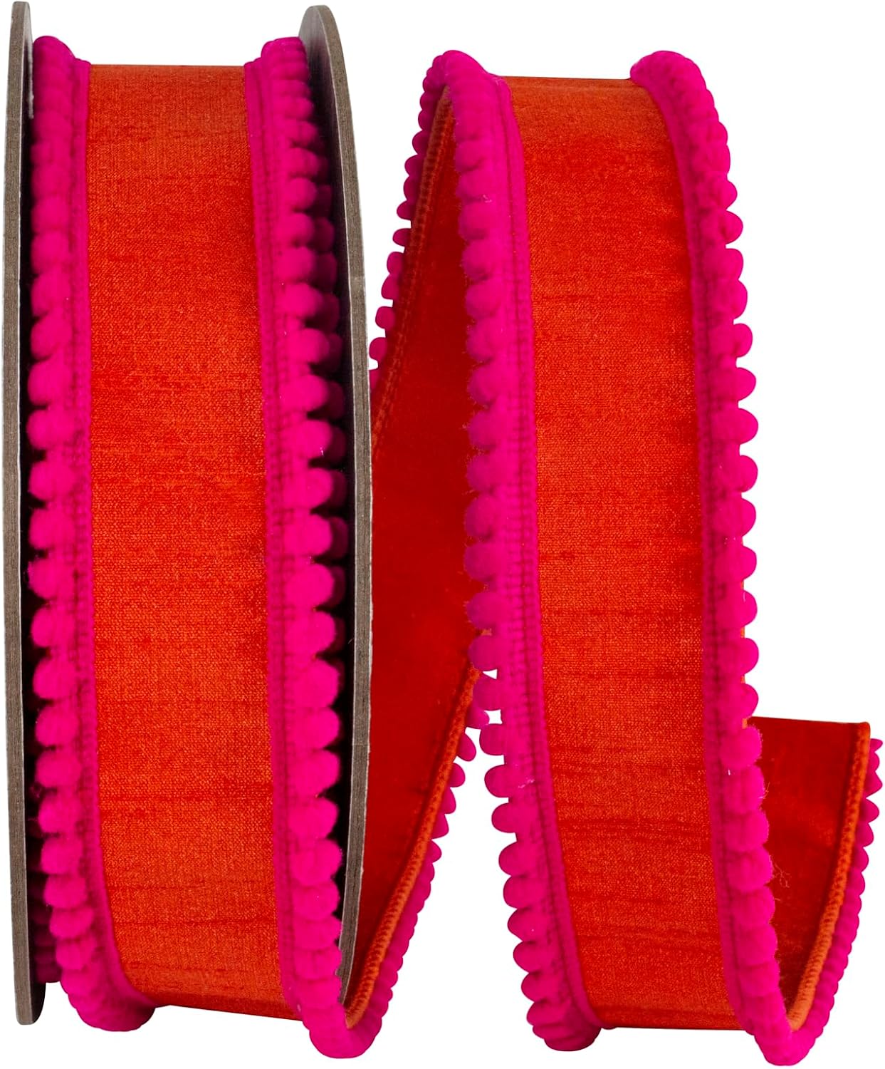 Ribbon - Pom Pom Mini Edge Trimming Dupioni Deluxe Wired Edge, Orange/Fuchsia, 1-1/2 Inch, 5 Yards