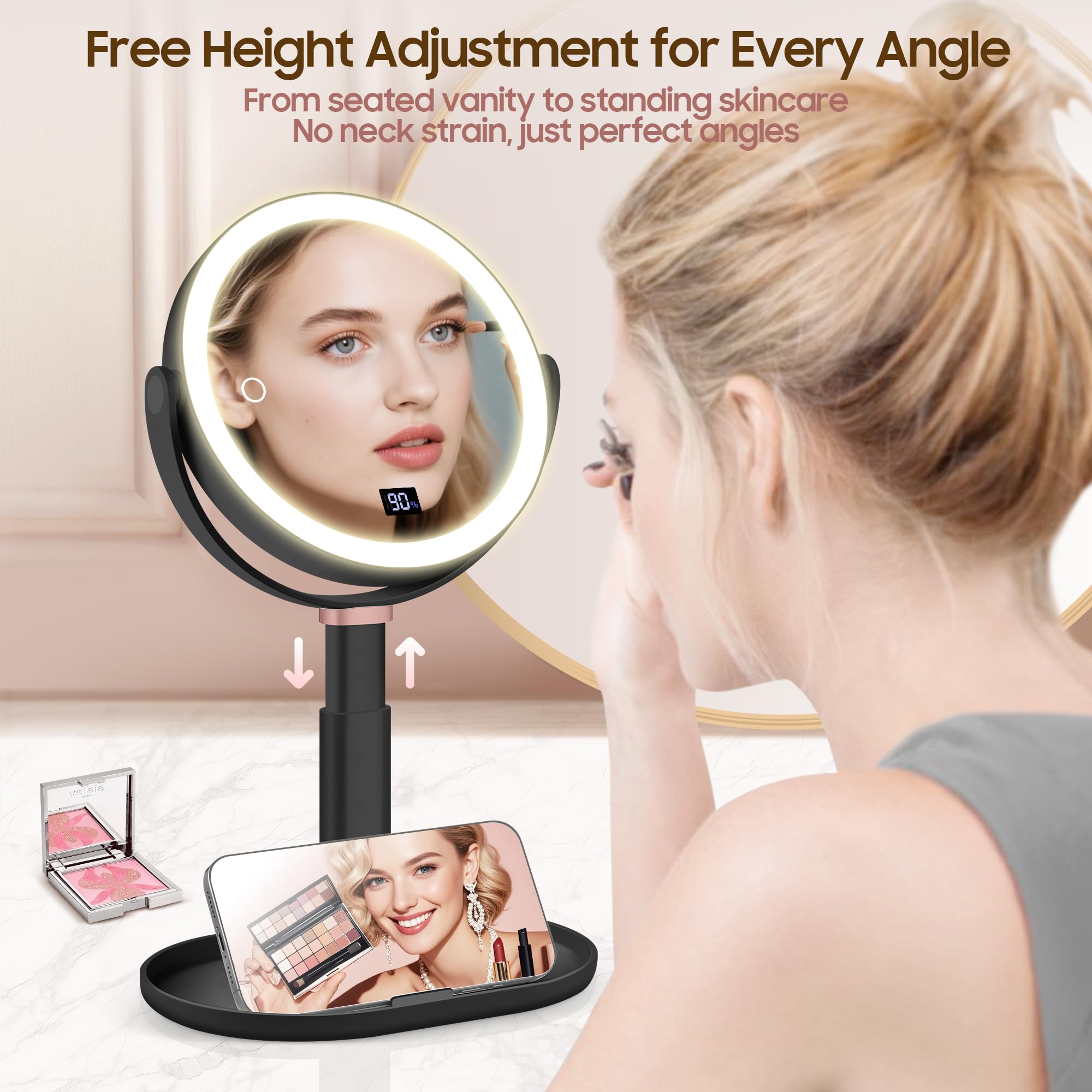 GOMIPURU Espejo de maquillaje iluminado con aumento de 30X/1X, espejo de aumento True HD con 3 luces regulables de color, altura ajustable, giro de 360°, doble cara, negro