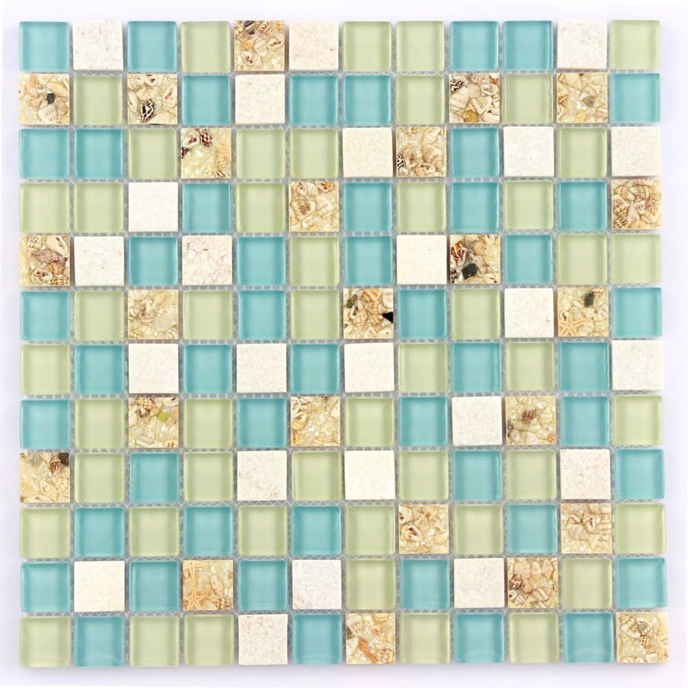 Buу 2 gеt 3 Wall Tiles White Stone Mosaic Tiles Glass Blue Conch Sea Shell Borders Kitchen Backsplash Materials Beach Style Tile [Pack of 11PCS(11.8x11.8x0.31 Inches/Each)]