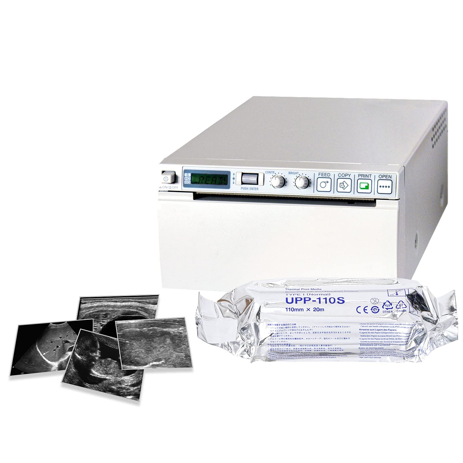UPP-110S Sony - Papel ultrasonido compatible tipo I (nominal), medios de impresión térmica para impresora en blanco y negro (110 mm x 20 m), reemplazo para película de ultrasonido Sony (10 rollos)