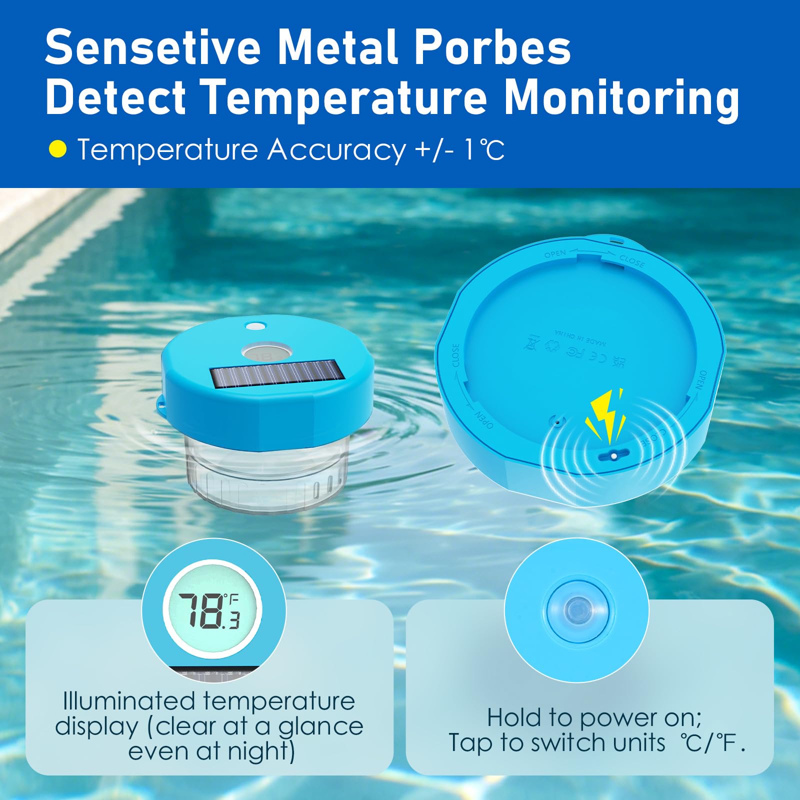 Pool Thermometer Solar Pool Thermometer mit Dosierschwimmer Pool, Digitalanzeige, 600mAh Akku (72H), – für Schwimmbäder, Spas und Whirlpools